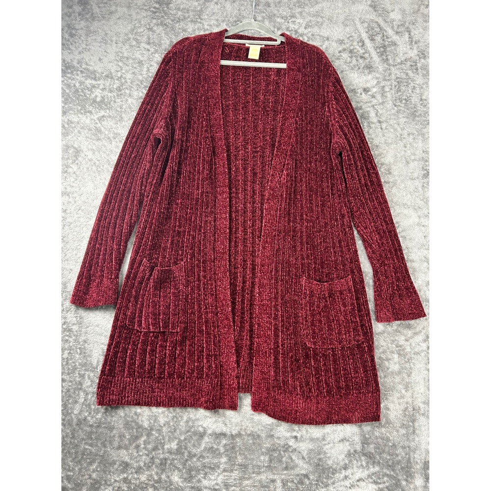 Matty M Burgundy Chenille Ribbed Open Front Long Cardigan Sweater XL
